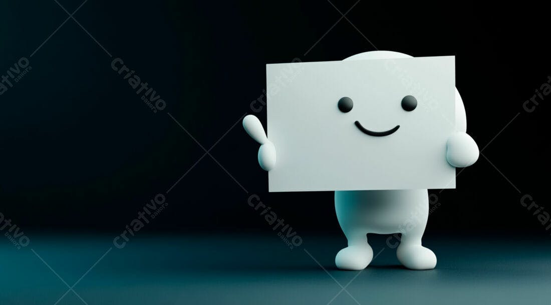 Boneco 3D segurando cartaz sorriso fundo escuro