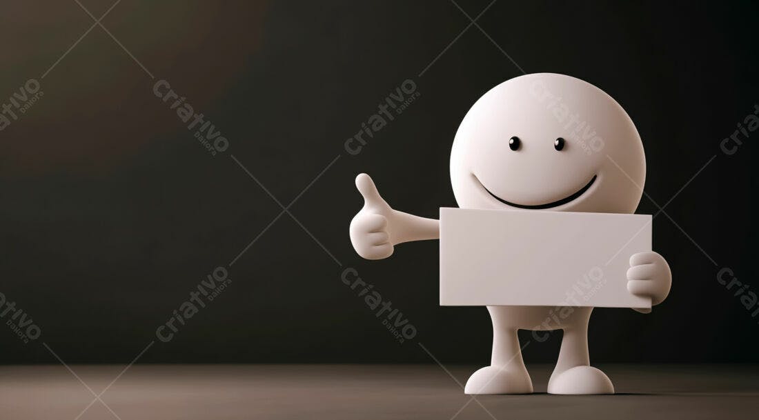 Boneco 3D segurando placa branca fundo escuro