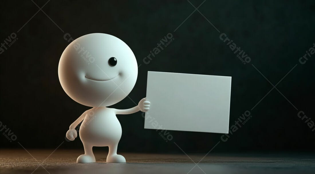 Boneco branco segurando cartaz em fundo escuro