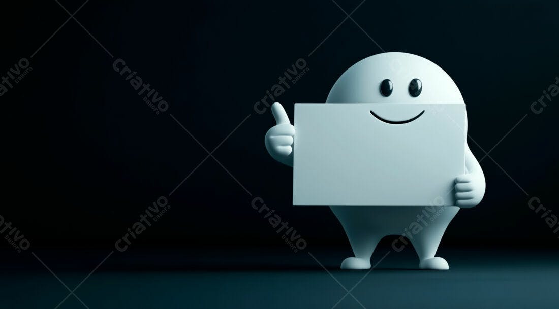 Personagem 3D segurando cartaz branco