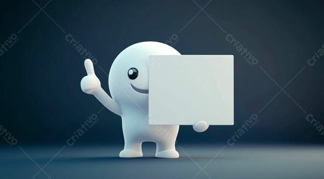 Boneco 3D segurando cartaz branco fundo escuro