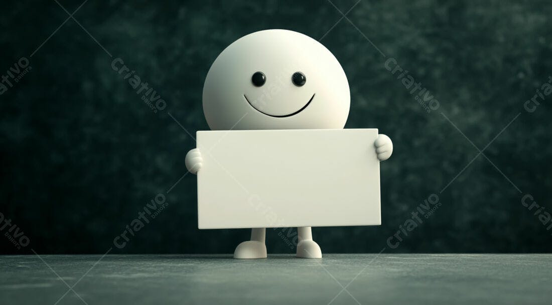 Boneco sorridente segurando cartaz branco