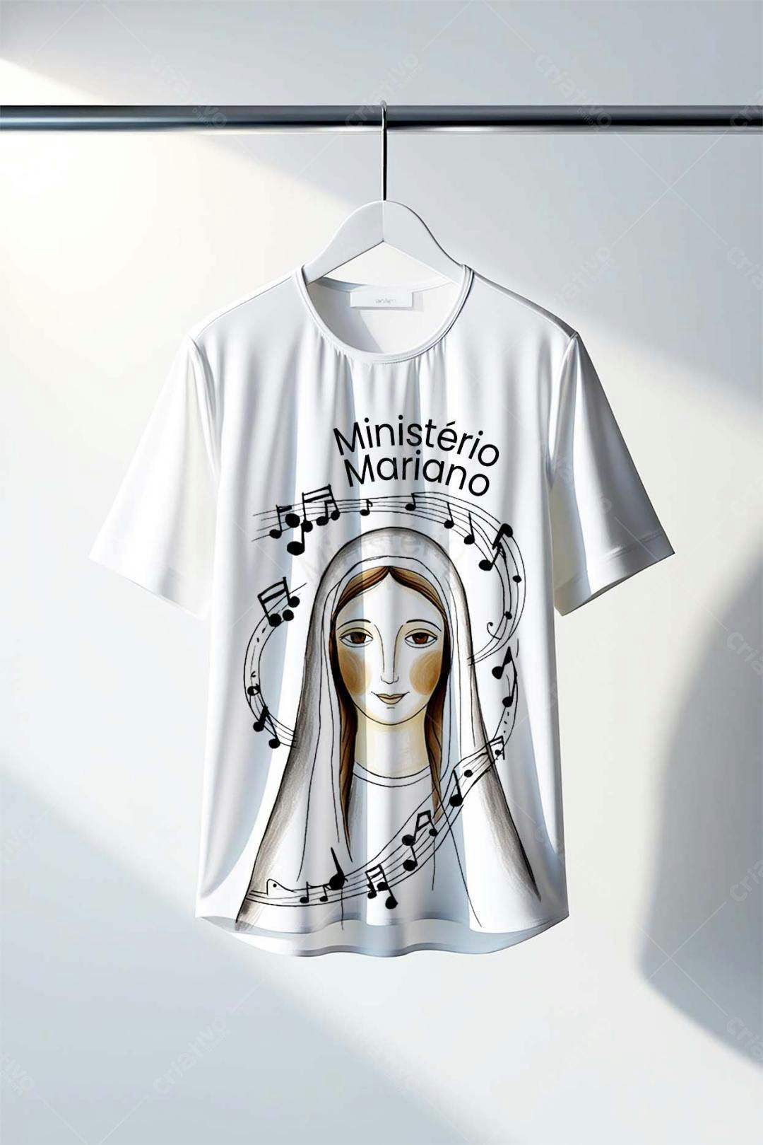 Mockup Camiseta Branca com Estampa de Nossa Senhora e Notas Musicais