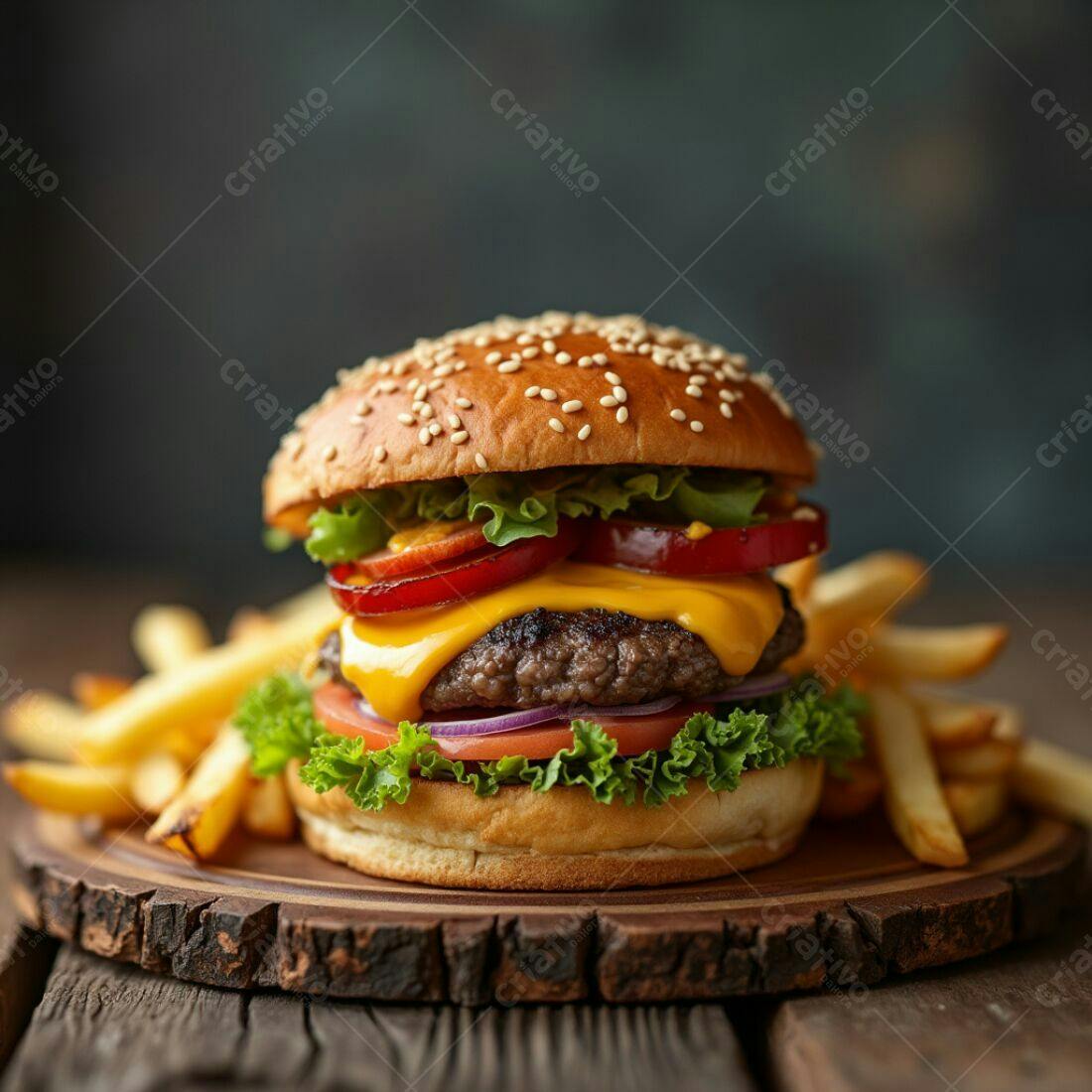 Cheeseburger suculento com batatas fritas