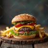 Photo, realistic composition, cutting board, burger and fries.