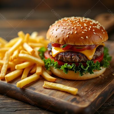 Composição Realista Tábua Com Hambúrguer E Fritas