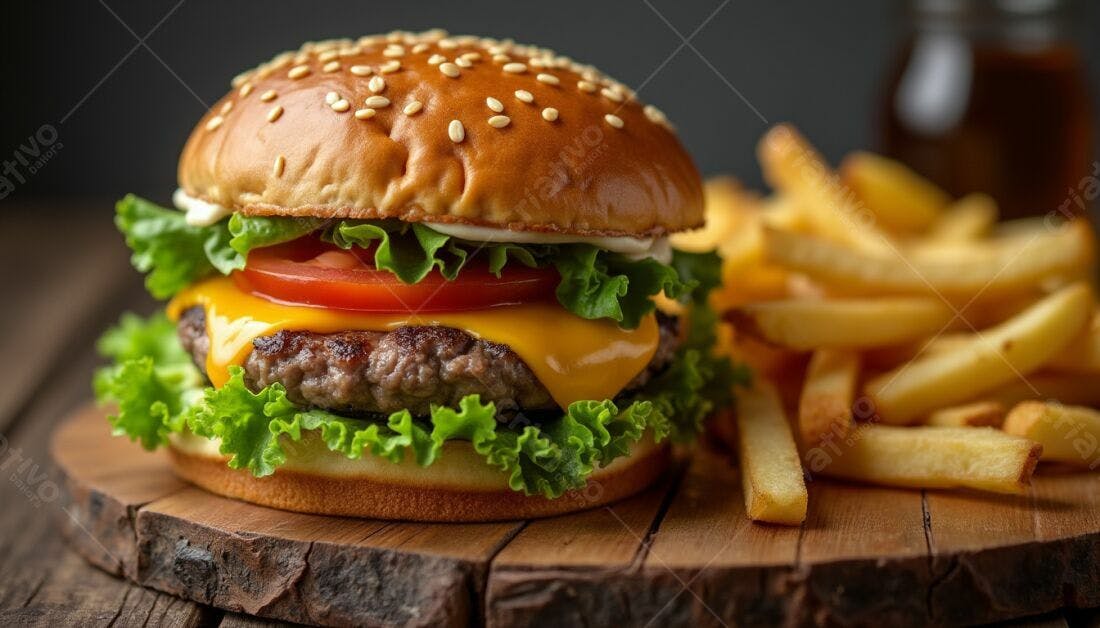 Cheeseburger com Batata Frita em Mesa de Madeira