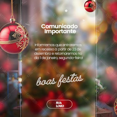 Feliz natal 25 de dezembro aviso informe horário comunidado social media psd editável