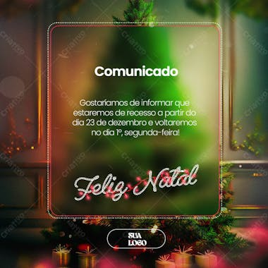 Feliz natal 25 de dezembro aviso informe horário comunidado social media psd editável