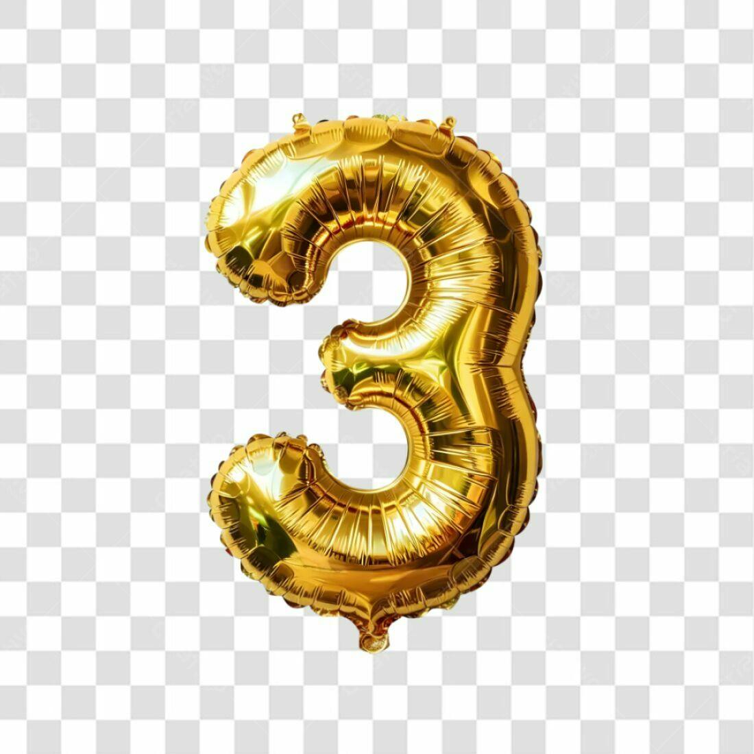 Balão Número 3 Dourado PNG com fundo transparente