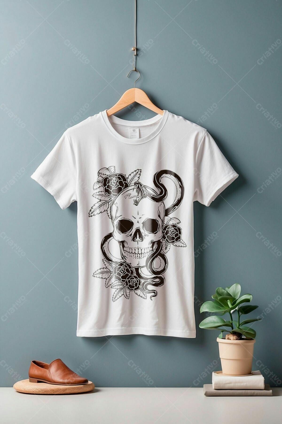 Camiseta Caveira com Cobra e Rosas PSD Editável