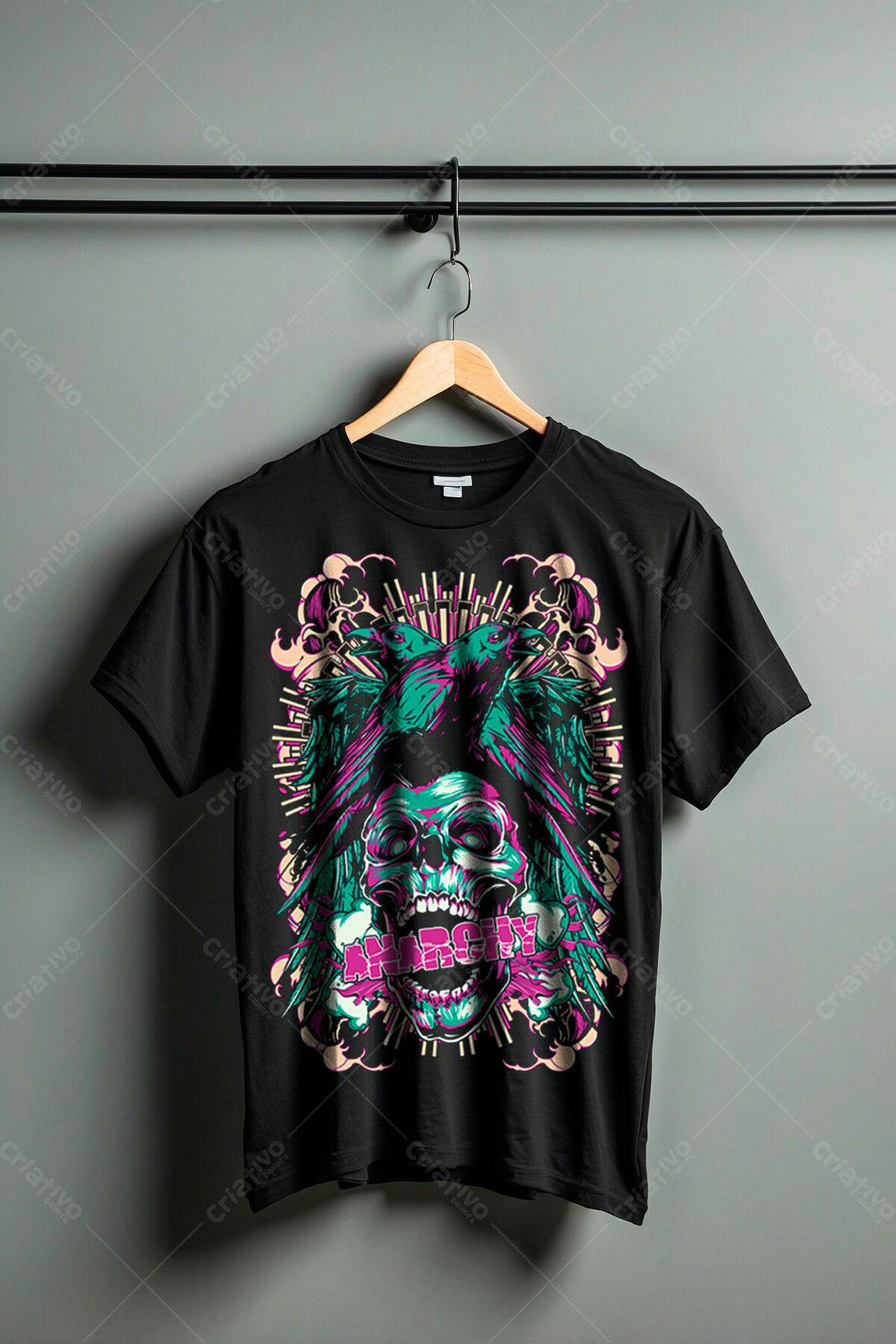 Camiseta com Caveira e Corvos PSD Editável