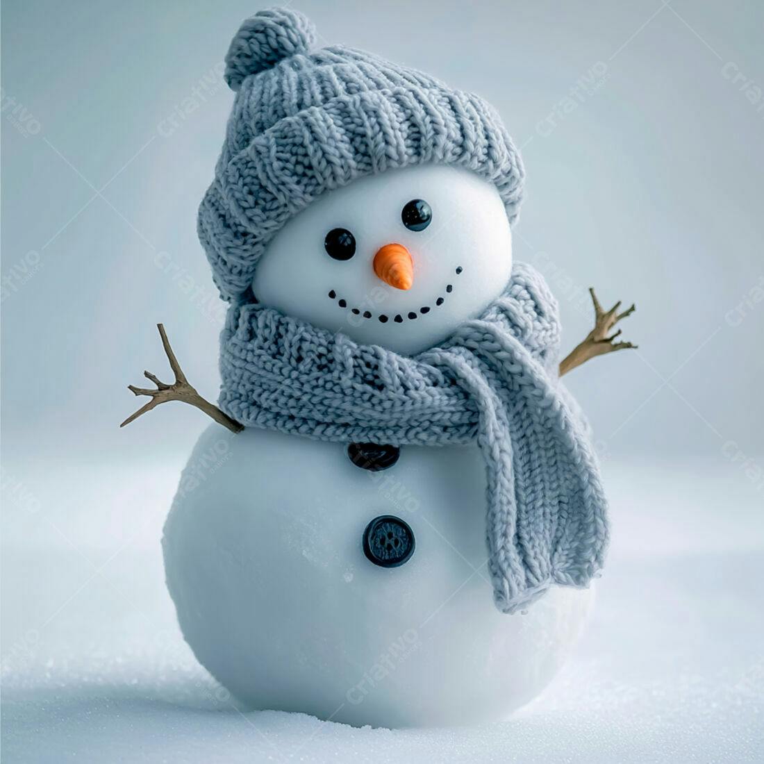 Boneco de neve com gorro e cachecol cinza na neve