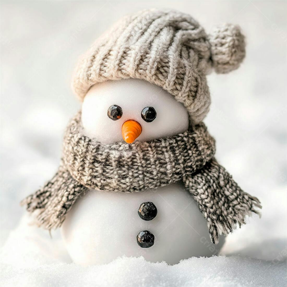 Boneco de neve fofo com gorro e cachecol na neve