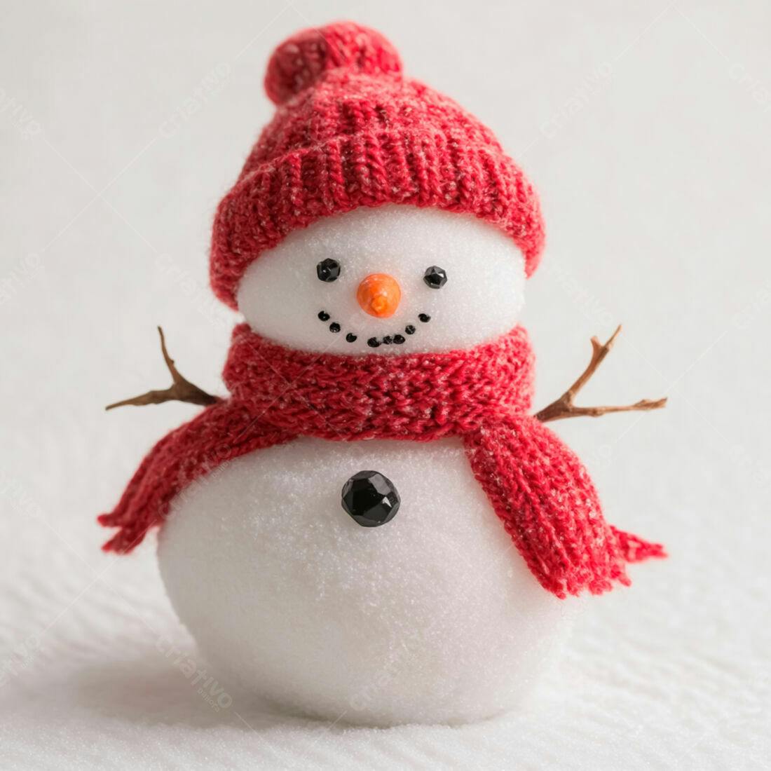 Boneco de neve com chapéu e cachecol vermelhos