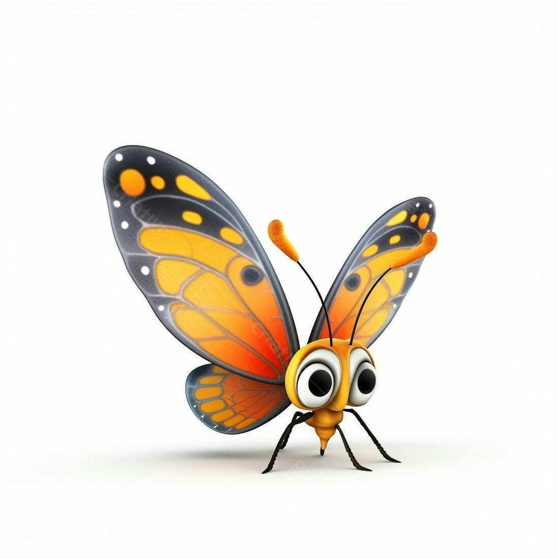 Borboleta animada laranja e preta fundo branco
