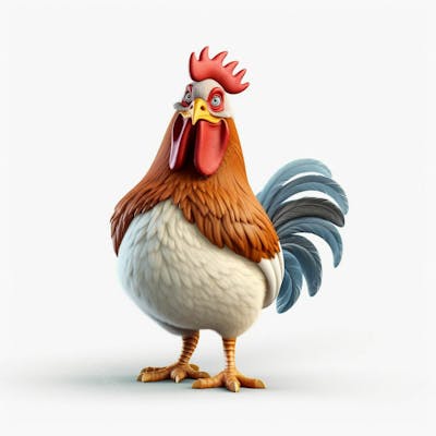 Um lindo personagem de desenho animado de galinha 3D com fundo branco