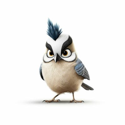 Um personagem de desenho animado de pássaro chapim-de-crista 3D com fundo branco