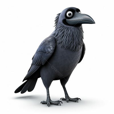Um lindo personagem de desenho animado de corvo de pássaro 3D com fundo branco