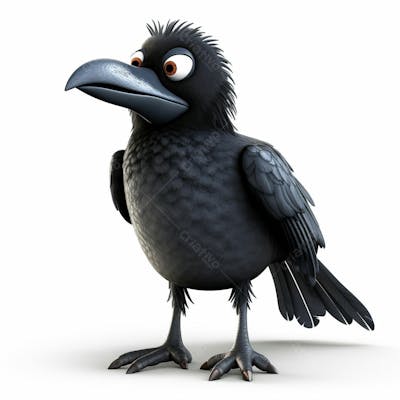 Um lindo personagem de desenho animado de corvo de pássaro 3D com fundo branco