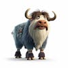 Kamranch 1 domestic yak 3d cartoon character full length with white background, 3d modeling, cartoon design, cute animal character, isolated illustration.