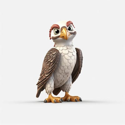 Um personagem de desenho animado de falcão pássaro 3D com fundo branco