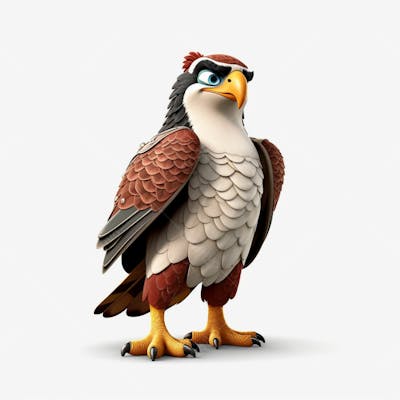 Um personagem de desenho animado de falcão pássaro 3D com fundo branco