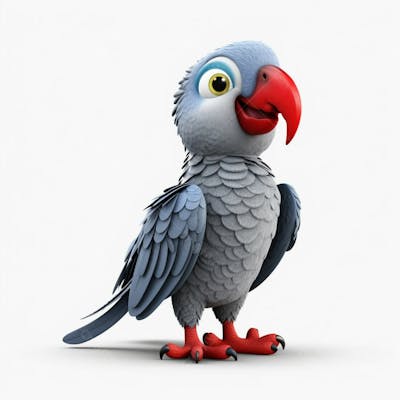  Um personagem de desenho animado de papagaio cinza pássaro 3D com fundo branco