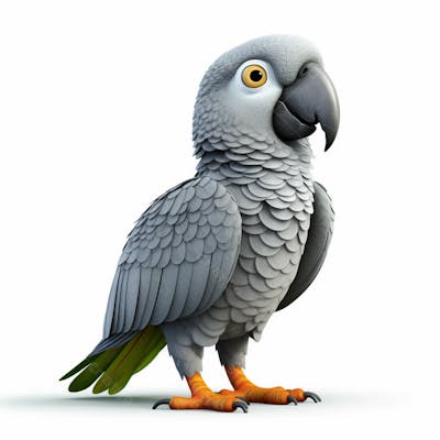  Um personagem de desenho animado de papagaio cinza pássaro 3D com fundo branco