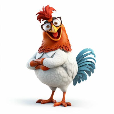 Um personagem de desenho animado de galinha 3D com fundo branco