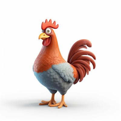 Um personagem de desenho animado de galinha 3D com fundo branco