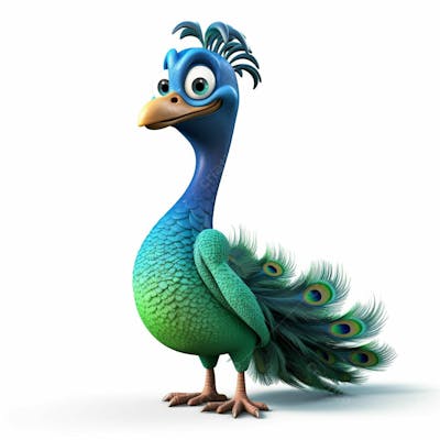 Um lindo personagem de desenho animado de pavão 3D com fundo branco
