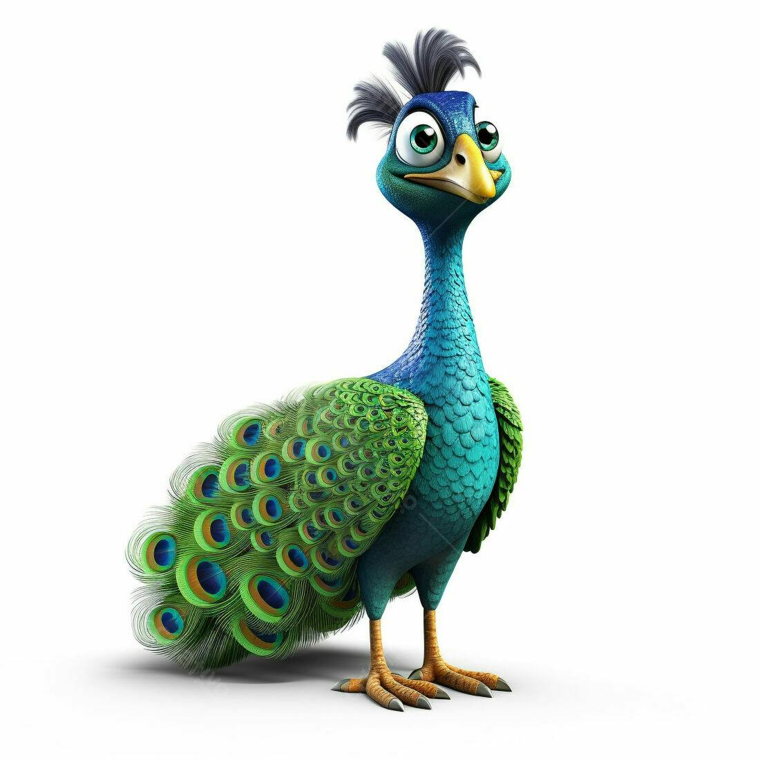 Pavão animado azul e verde sorrindo