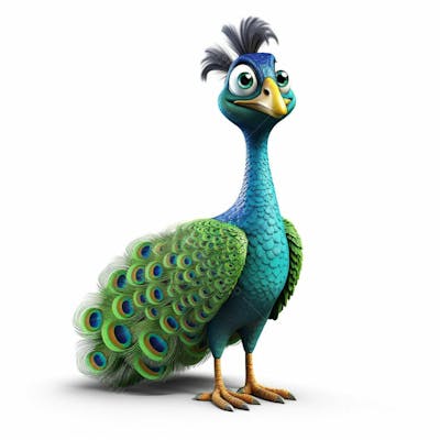 Um lindo personagem de desenho animado de pavão 3D com fundo branco
