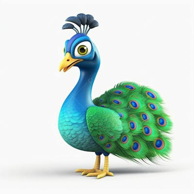 Um lindo personagem de desenho animado de pavão 3D com fundo branco
