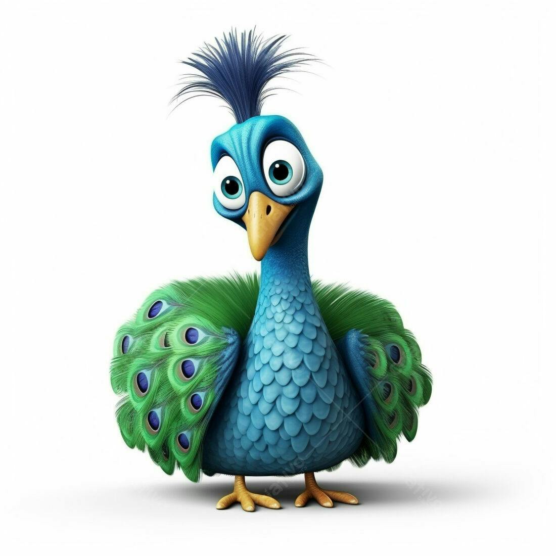 Pavão Cartoon Azul e Verde Alegre