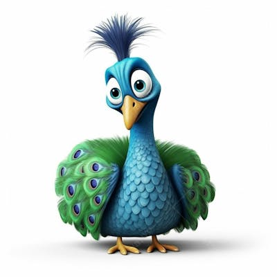 Um lindo personagem de desenho animado de pavão 3D com fundo branco