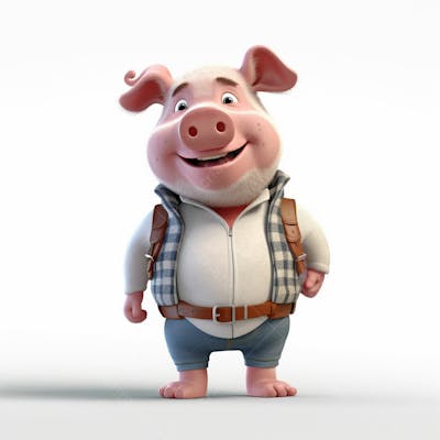 Um lindo personagem de desenho animado de porco animal 3D com fundo branco