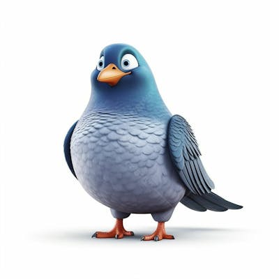 Um lindo personagem de desenho animado de pombo pássaro 3D com fundo branco