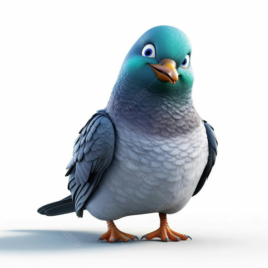 Pombo animado azul e cinza sorrindo