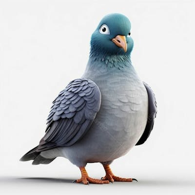 Um lindo personagem de desenho animado de pombo pássaro 3D com fundo branco