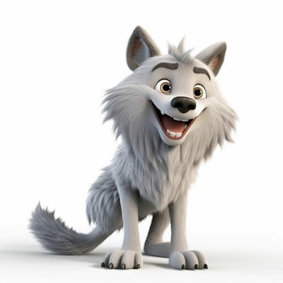 Um personagem de desenho animado de lobo animal 3D com fundo branco