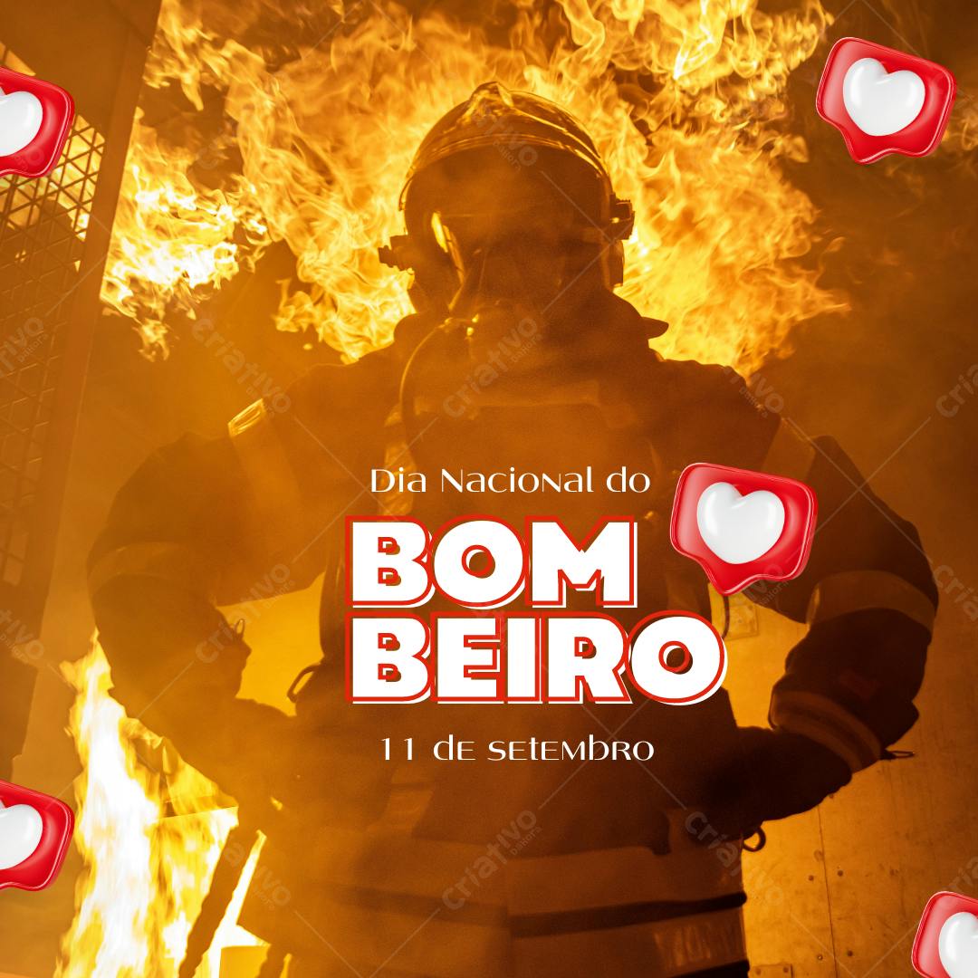 Post Instagram Dia do Bombeiro com foto de bombeiro em ação Editável no Canva
