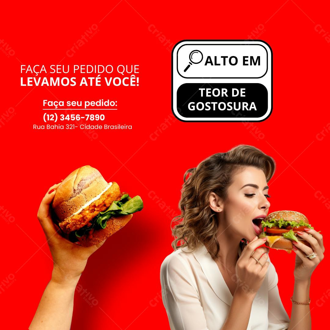 Post Instagram hambúrguer vermelho e branco Editável no Canva