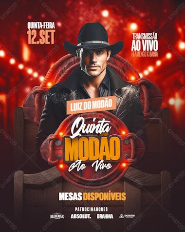 Flyer evento quinta modao ao vivo