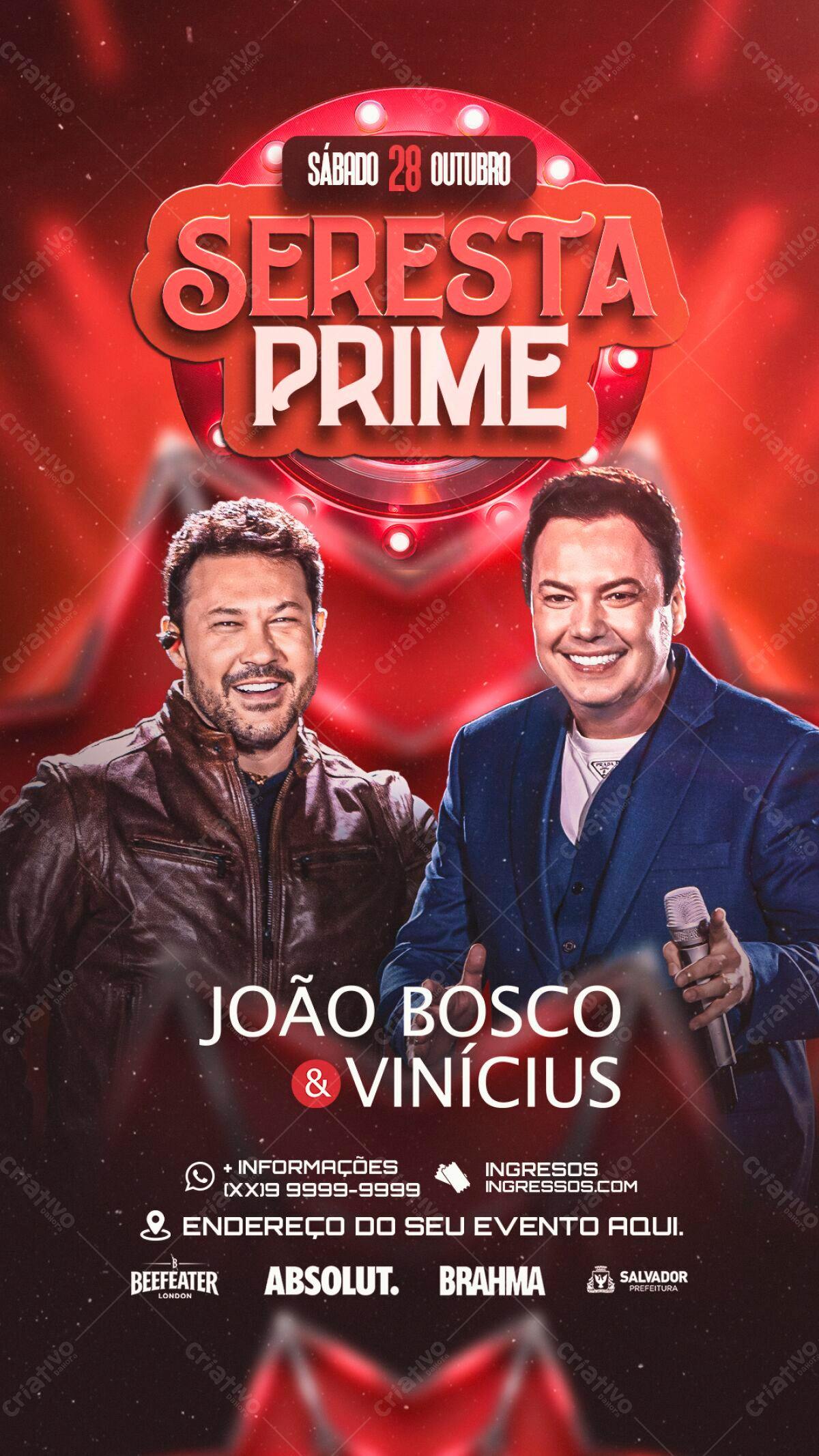 Flyer para Seresta Prime com João Bosco & Vinícius PSD Editável