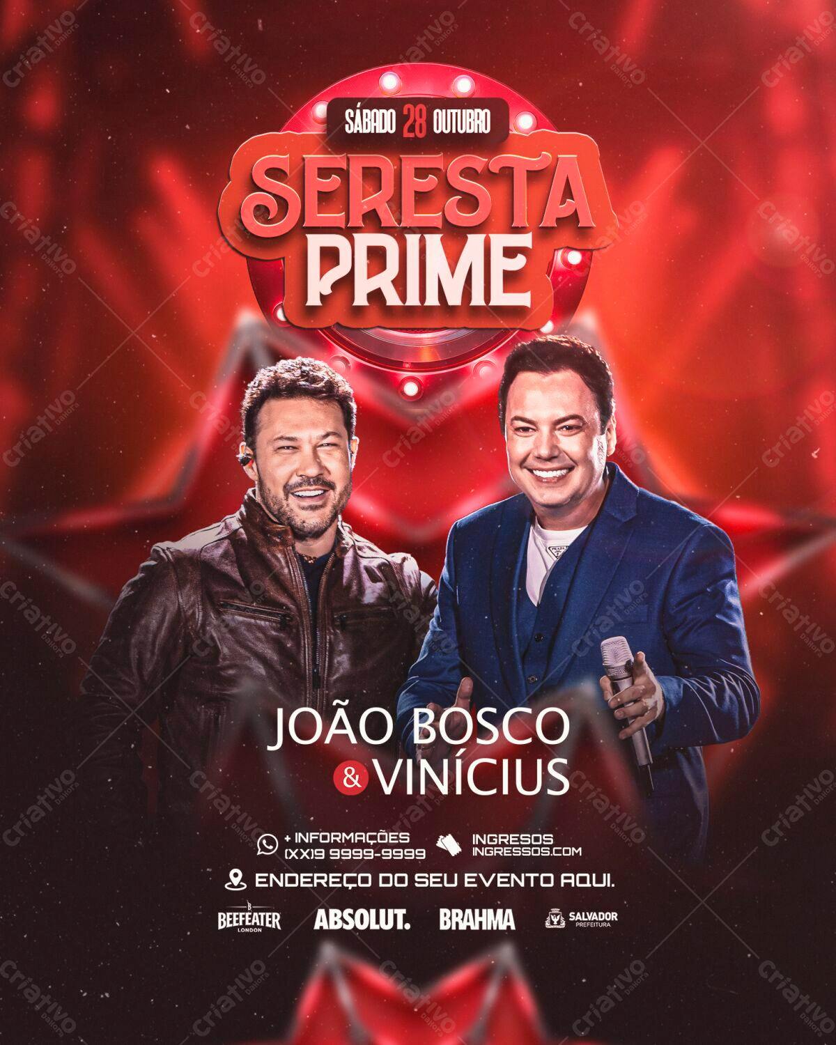 Flyer para Seresta Prime com João Bosco & Vinícius PSD Editável