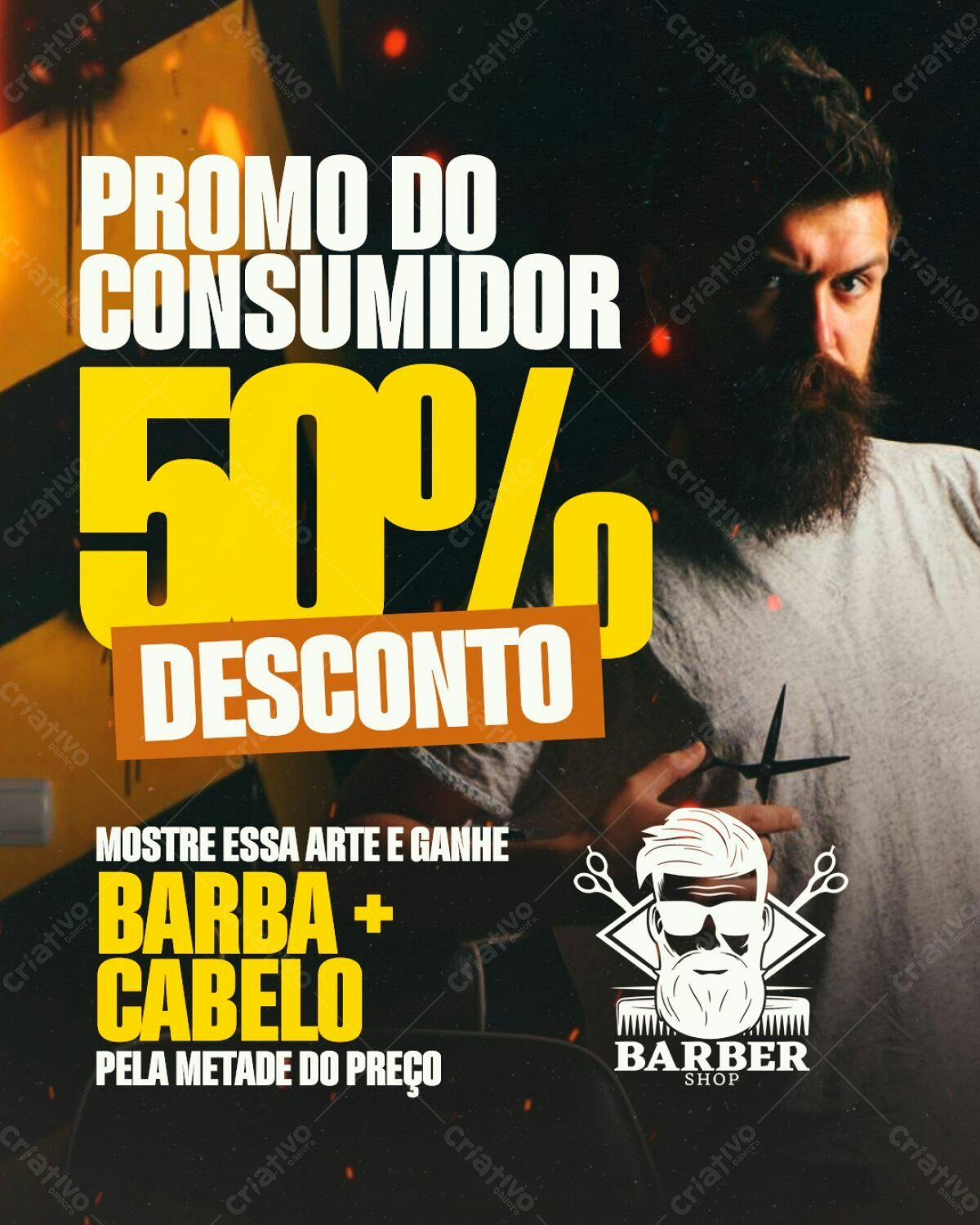 Flyer Promoção Dia do Consumidor 50% Barber Shop PSD Editável