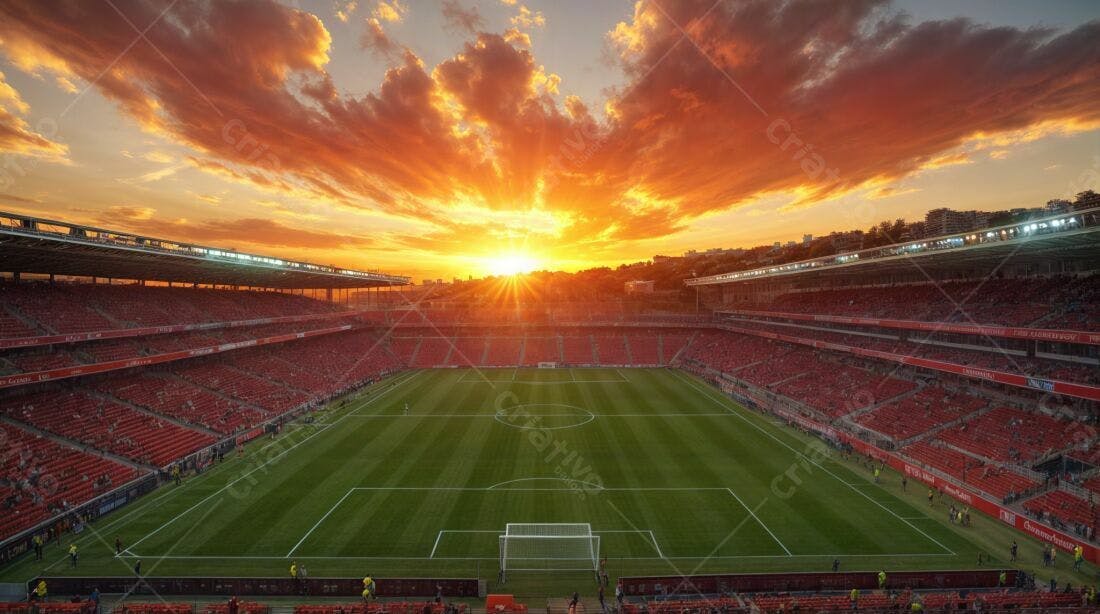 Estádio de futebol ao pôr do sol laranja