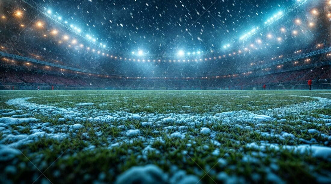 Estádio nevado sob luzes noturnas